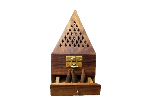 Wood Pyramid Incense Cone Holder – With Storage Drawer